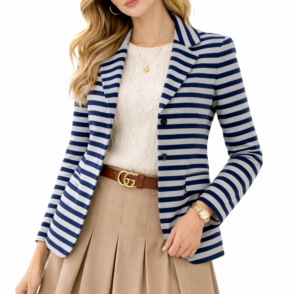 Gap Women's Classic Striped Cotton Blazer Navy Grey Academia Nautical Preppy